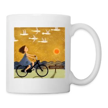Mädchen auf Fahrrad mit Möwen Illustration - Tasse - Weiß - Rechts