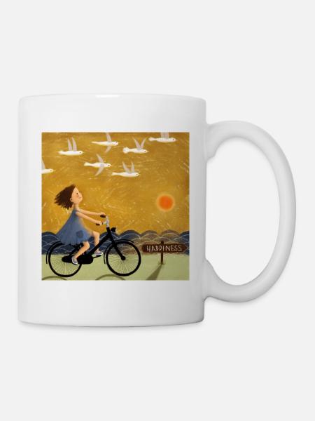 Mädchen auf Fahrrad mit Möwen Illustration - Tasse - Weiß
