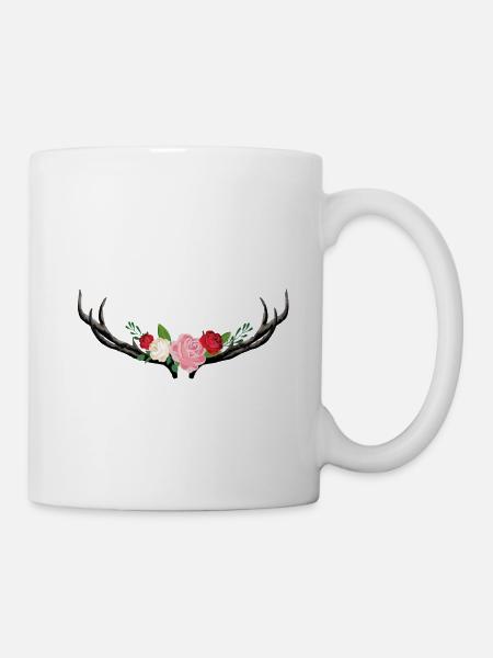 Hirschgeweih mit Blumen - Tasse - Weiß