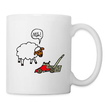 Schaf und Rasenmäher lustiger Comic Spruch Witz - Tasse - Weiß - Rechts