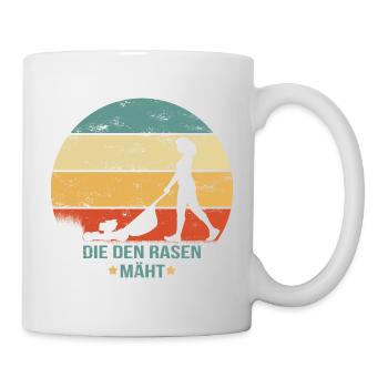 Die den Rasen mäht - grunge Frau Rasenmäher Garten - Tasse - Weiß - Rechts
