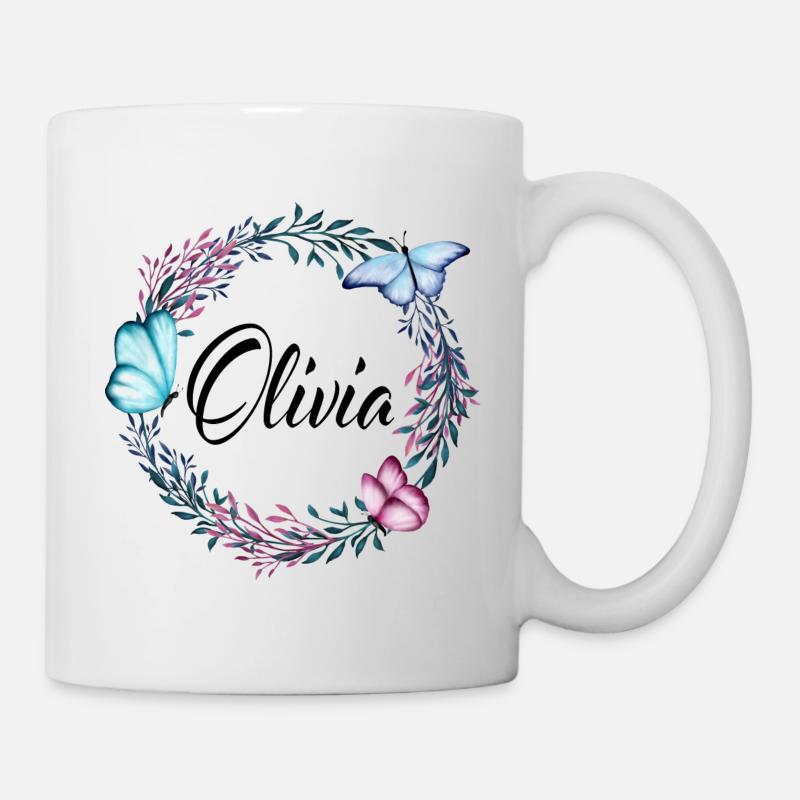 Olivia, nom, lettrage, couronne de fleurs, cadeau - Mug blanc - blanc