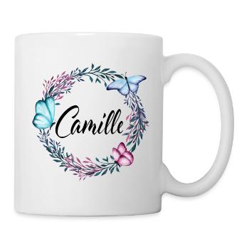 Camille, nom, lettrage, couronne de fleurs, cadeau - Mug blanc - blanc - Droite
