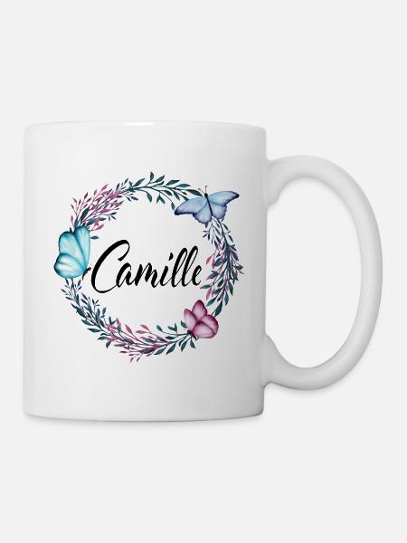 Camille, nom, lettrage, couronne de fleurs, cadeau - Mug blanc - blanc