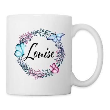 Louise, Name, Schriftzug, Blumenkranz, Geschenk - Tasse - Weiß - Rechts