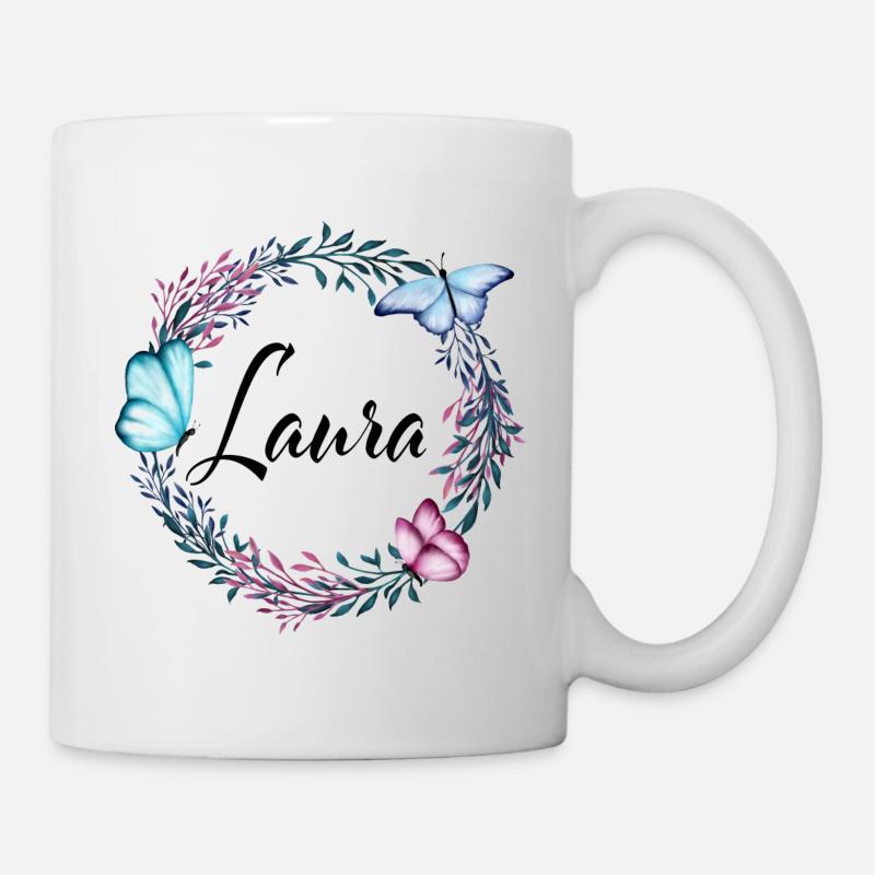 Laura, nom, lettrage, couronne de fleurs, cadeau - Mug blanc - blanc