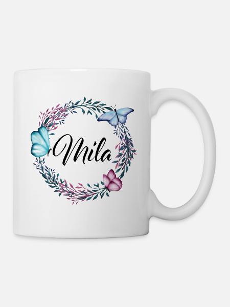 Mila, nom, lettrage, couronne de fleurs, cadeau - Mug blanc - blanc