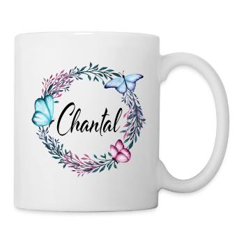 Chantal, Name, Schriftzug, Blumenkranz, Geschenk - Tasse - Weiß - Rechts