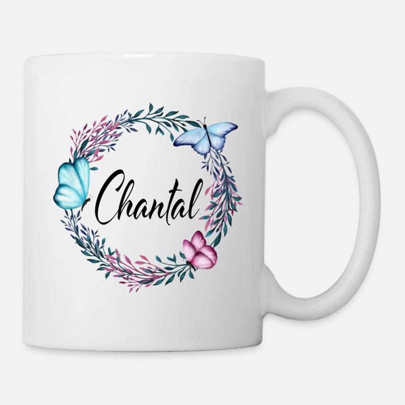 Chantal, Name, Schriftzug, Blumenkranz, Geschenk - Tasse - Weiß