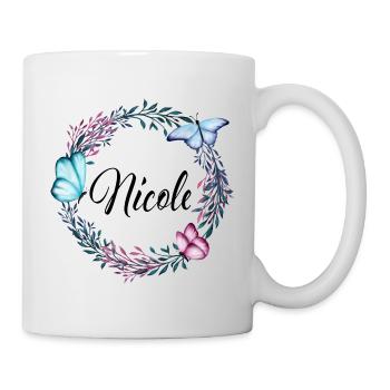 Nicole, Name, Schriftzug, Blumenkranz, Geschenk - Tasse - Weiß - Rechts