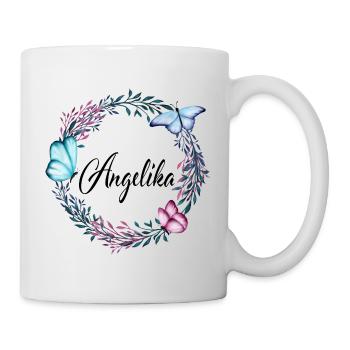 Angelika, Name, Schriftzug, Blumenkranz, Geschenk - Tasse - Weiß - Rechts