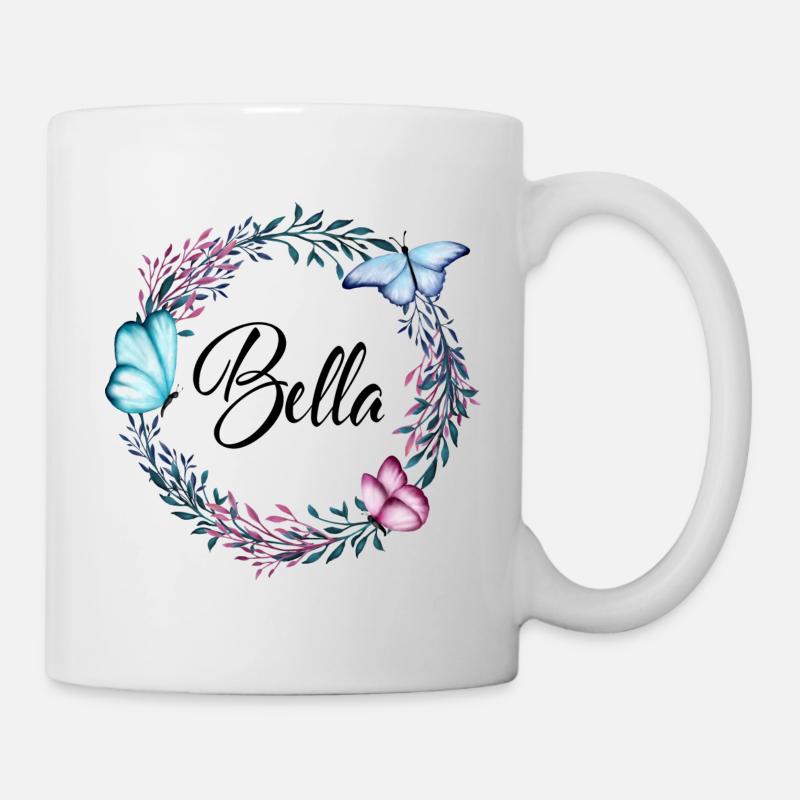 Bella, Name, Schriftzug, Blumenkranz, Geschenk - Tasse - Weiß