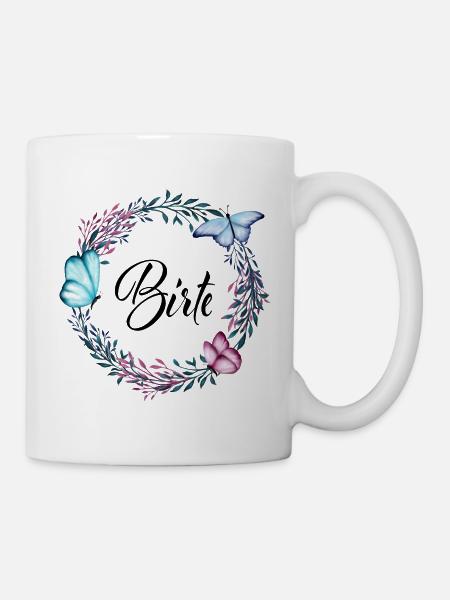 Birte, Name, Schriftzug, Blumenkranz, Geschenk - Tasse - Weiß