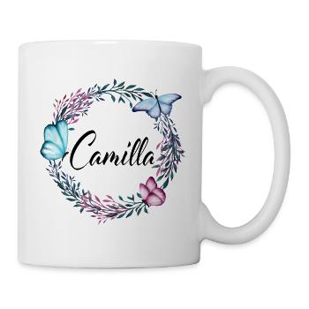 Camilla, Name, Schriftzug, Blumenkranz, Geschenk - Tasse - Weiß - Rechts