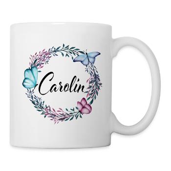 Carolin, Name, Schriftzug, Blumenkranz, Geschenk - Tasse - Weiß - Rechts