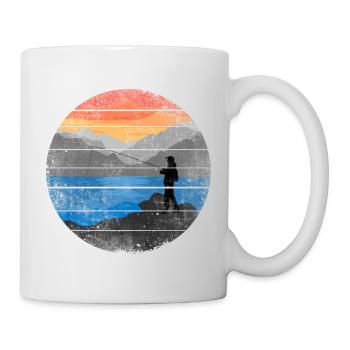 Anglers fish in the lake with mountains at sunrise - Mug - white - Right
