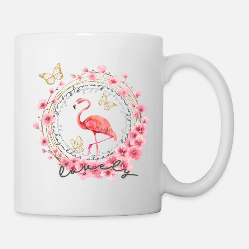 * Flamingo mit Blumen * in Wasserfabtechnik - Tasse - Weiß