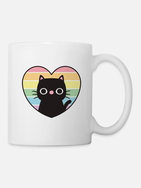 Cute Black Cat Rainbow Heart - Mug - white