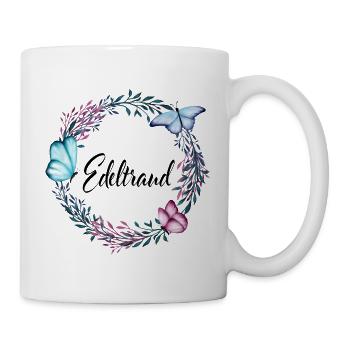 Edeltraud, Name, Schriftzug, Blumenkranz, Geschenk - Tasse - Weiß - Rechts