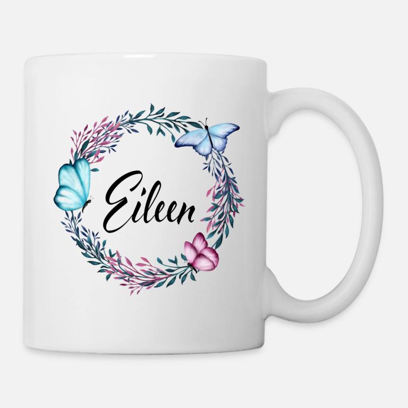 Eileen, Name, Schriftzug, Blumenkranz, Geschenk - Tasse - Weiß