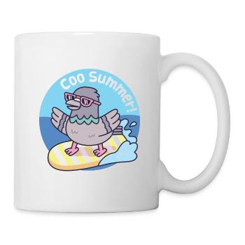 Pigeon Surfing On Surfboard Funny Coo Sommer - Tasse - Weiß - Rechts