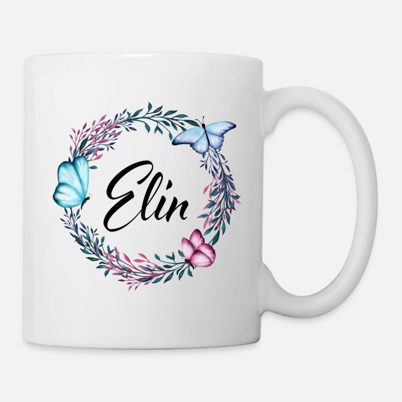 Elin, Name, Schriftzug, Blumenkranz, Geschenk - Tasse - Weiß