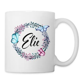 Elie, Name, Schriftzug, Blumenkranz, Geschenk - Tasse - Weiß - Rechts