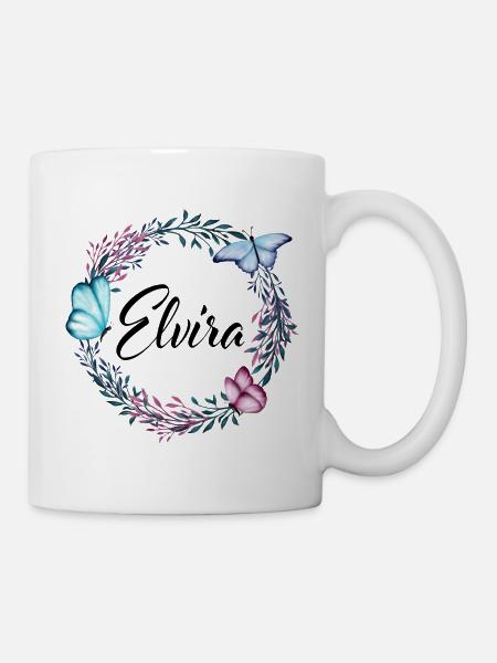 Elvira, Name, Schriftzug, Blumenkranz, Geschenk - Tasse - Weiß