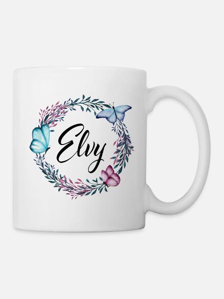 Elvy, name, lettering, flower wreath, gift - Mug - white