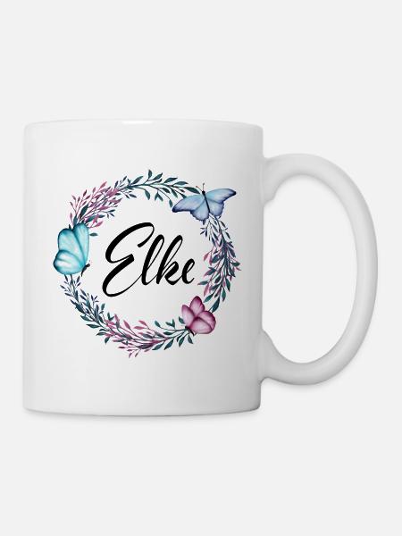 Elke, Name, Schriftzug, Blumenkranz, Geschenk - Tasse - Weiß