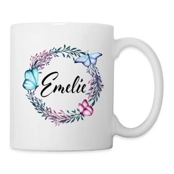 Emelie, Name, Schriftzug, Blumenkranz, Geschenk - Tasse - Weiß - Rechts