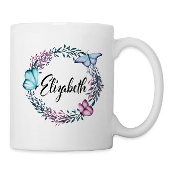 Elizabeth, Name, Schriftzug, Blumenkranz, Geschenk - Tasse - Weiß - Rechts