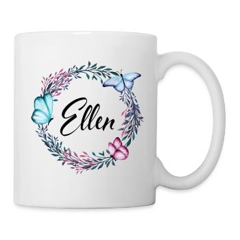 Ellen, Name, Schriftzug, Blumenkranz, Geschenk - Tasse - Weiß - Rechts
