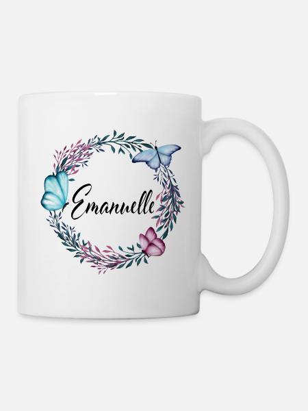 Emanuelle, nom, lettrage, couronne leurs, cadeau - Mug blanc - blanc