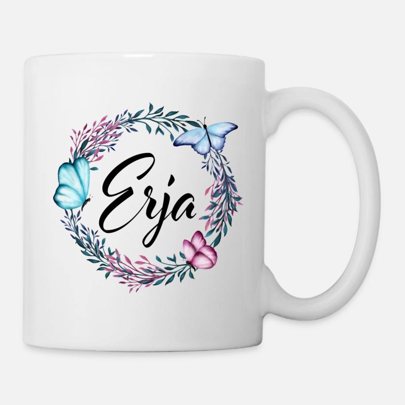 Erja, Name, Schriftzug, Blumenkranz, Geschenk - Tasse - Weiß
