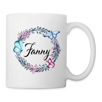 Fanny, Name, Schriftzug, Blumenkranz, Geschenk - Tasse - Weiß - Rechts