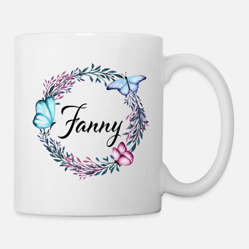 Fanny, Name, Schriftzug, Blumenkranz, Geschenk - Tasse - Weiß