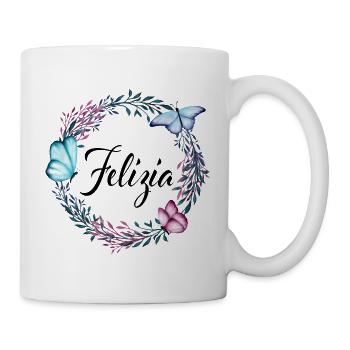 Felizia, Name, Schriftzug, Blumenkranz, Geschenk - Tasse - Weiß - Rechts