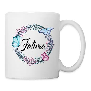 Fatima, Name, Schriftzug, Blumenkranz, Geschenk - Tasse - Weiß - Rechts
