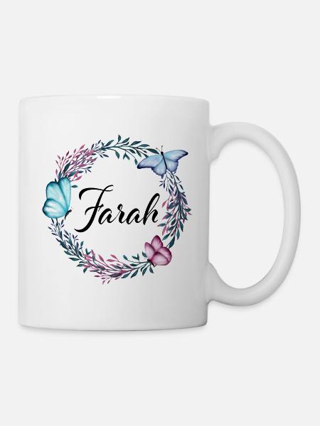 Farah, nom, lettrage, couronne de fleurs, cadeau - Mug blanc - blanc