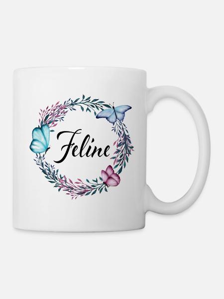 Feline, Name, Schriftzug, Blumenkranz, Geschenk - Tasse - Weiß