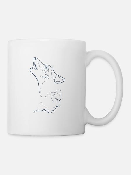 Visage humain et tête de loup ligne bleu - Mug blanc - blanc