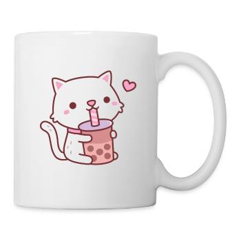 Cute White Cat Loves Boba Tea - Mug - white - Right