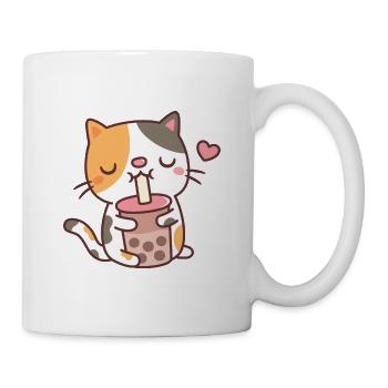 Cute Calico Cat Loves Bubble Tea With Boba Pearls - Mug - white - Right