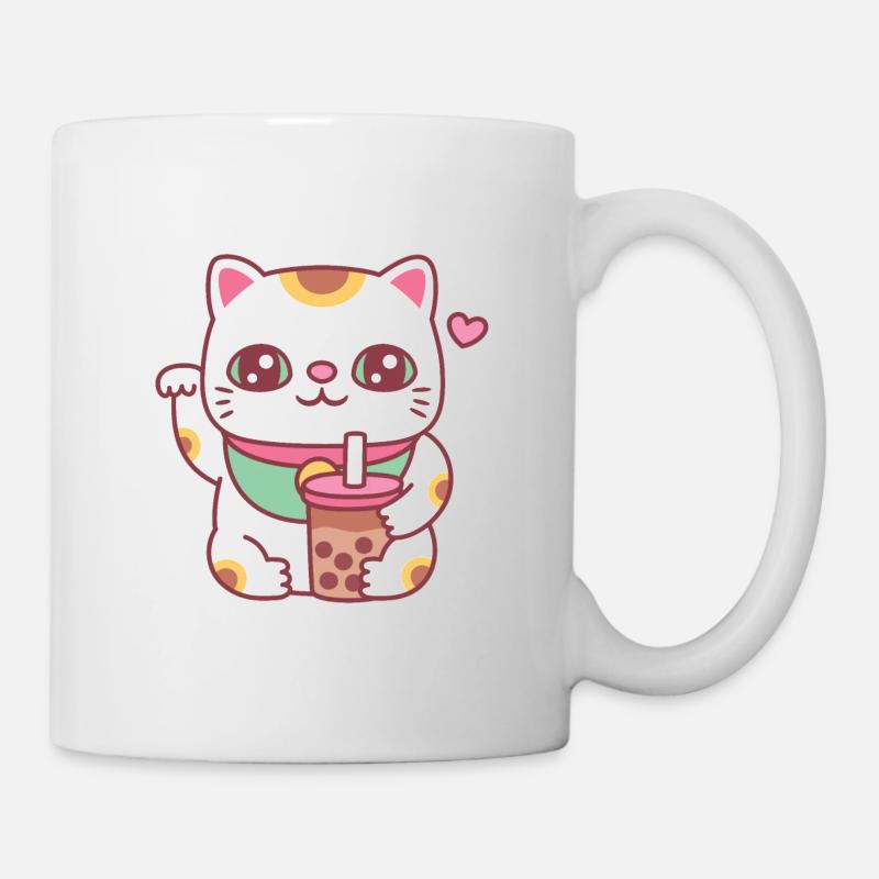 Cute Maneki Neko Cat With Bubble Tea - Mug - white