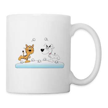 KATZE - HUND - SCHNEEBALLSCHLACHT - SCHNEE - TIERE - Tasse - Weiß - Rechts