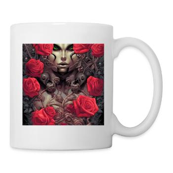 Green-eyed female face among red roses - Mug - white - Right