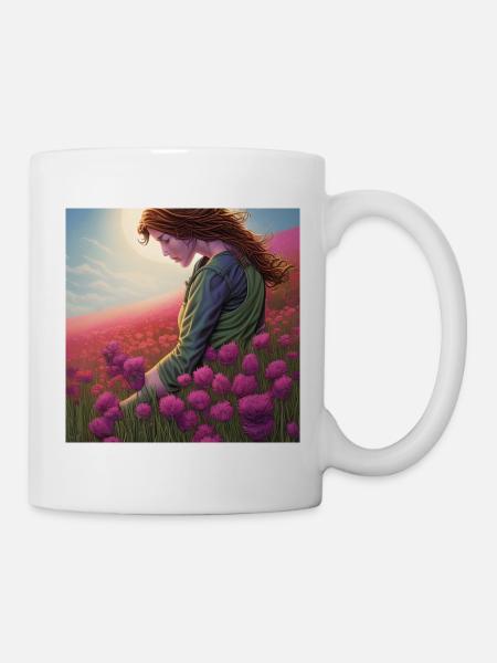 Eine Frau zwischen rosa Blumen - Tasse - Weiß