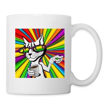Katze hält Kaffeetasse in psychedelischen Farben - Tasse - Weiß - Rechts