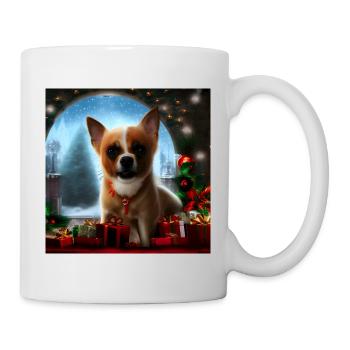 Kleiner Hund zwischen Weihnachtsgeschenken - Tasse - Weiß - Rechts